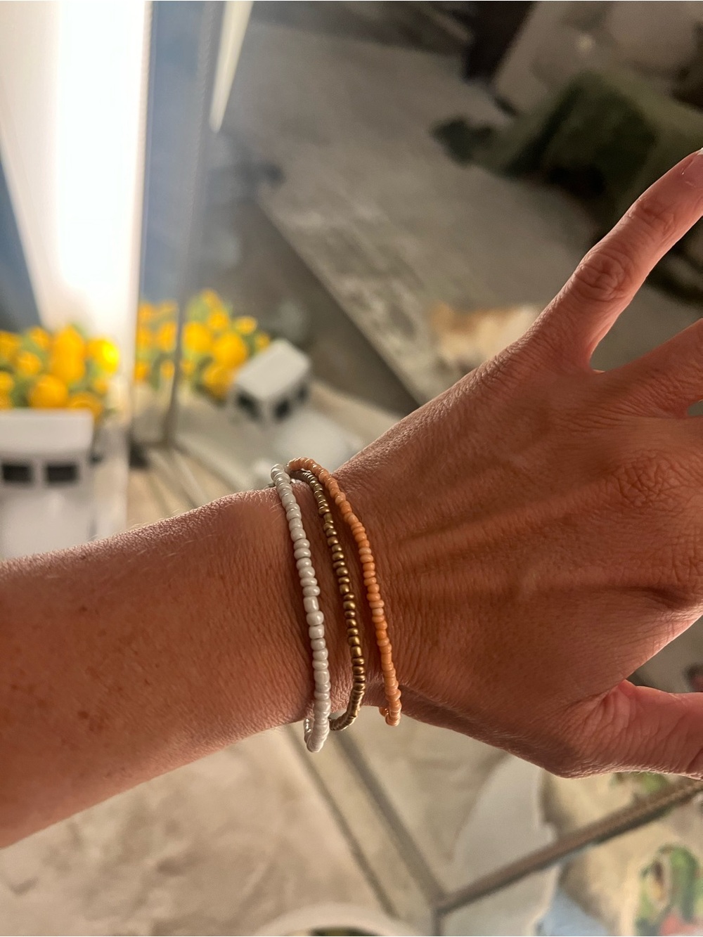 EXPRESS Trio-Beaded Bracelet-Coral/White/Bronze